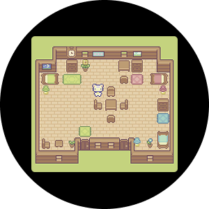 Image of a cartoon rabbit standing in the middle of a large room with cutesy furniture.