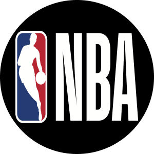 Image of the NBA logo, on the left a the white silouete of a man about to dribble a basketball, and on the right The words NBA as tall as the man.