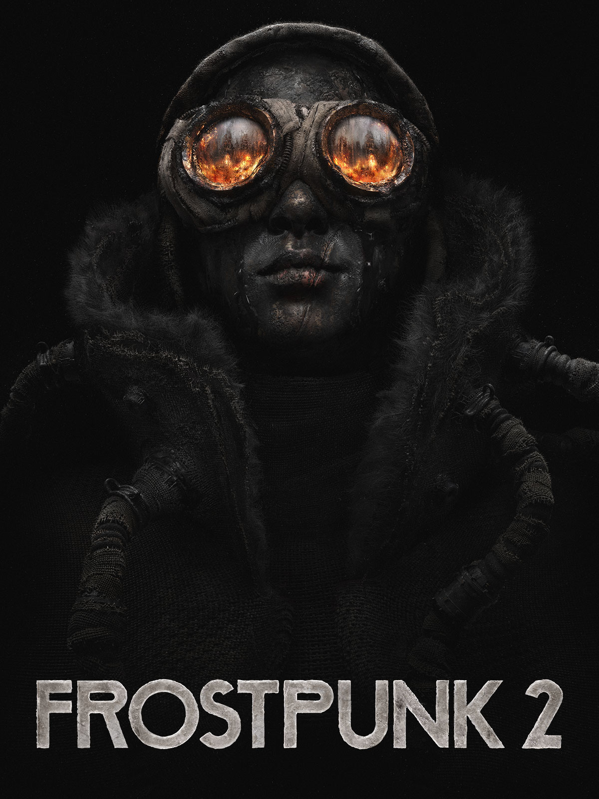 A person, gender unkown, staring at the camera while wearing clothes to protect from extreme cold. The goggles reflect something burning.